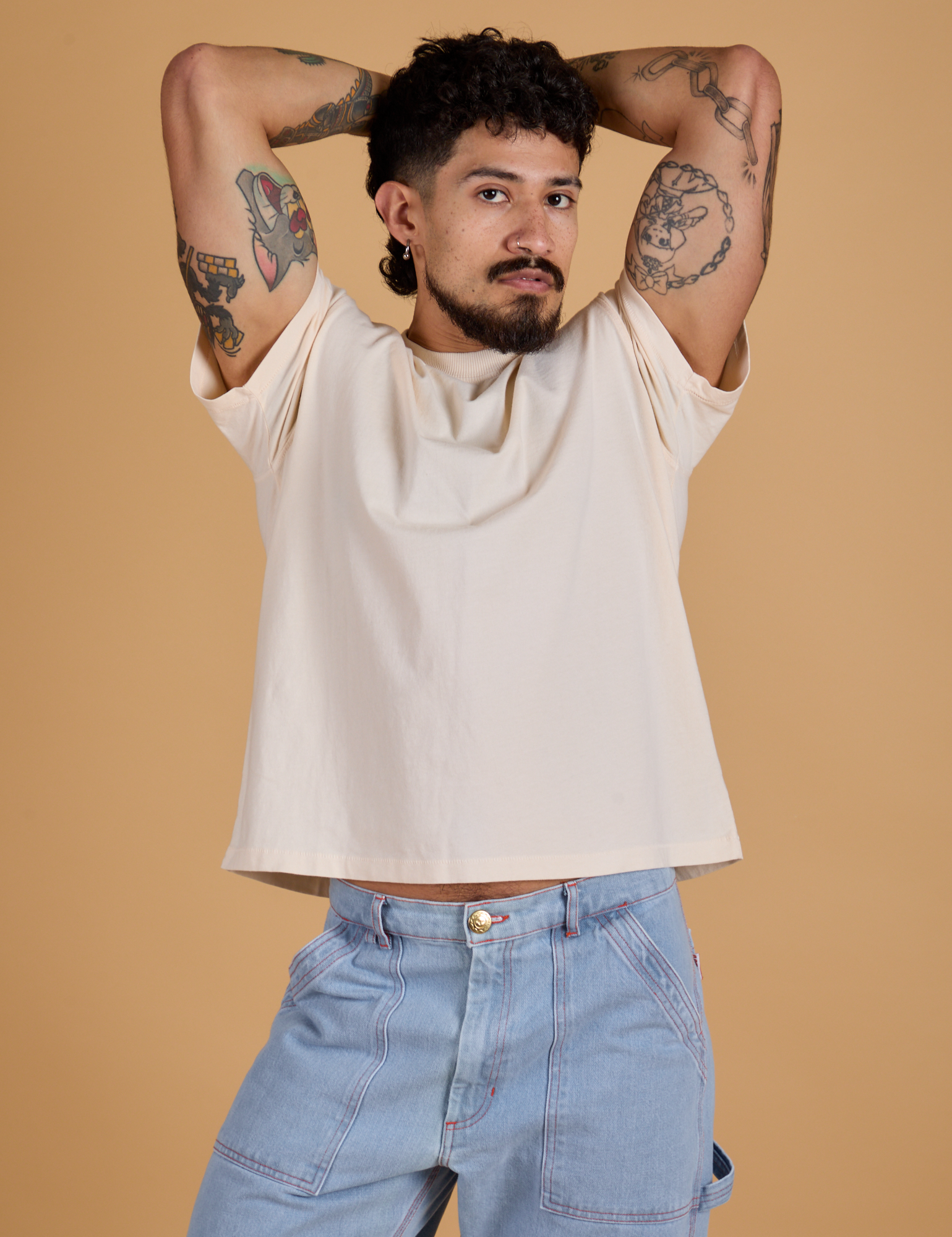 Jesse is wearing Organic Vintage Tee in Vintage Off White