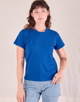 Alex is 5'8" and wearing P Organic Vintage Tee in Royal Blue