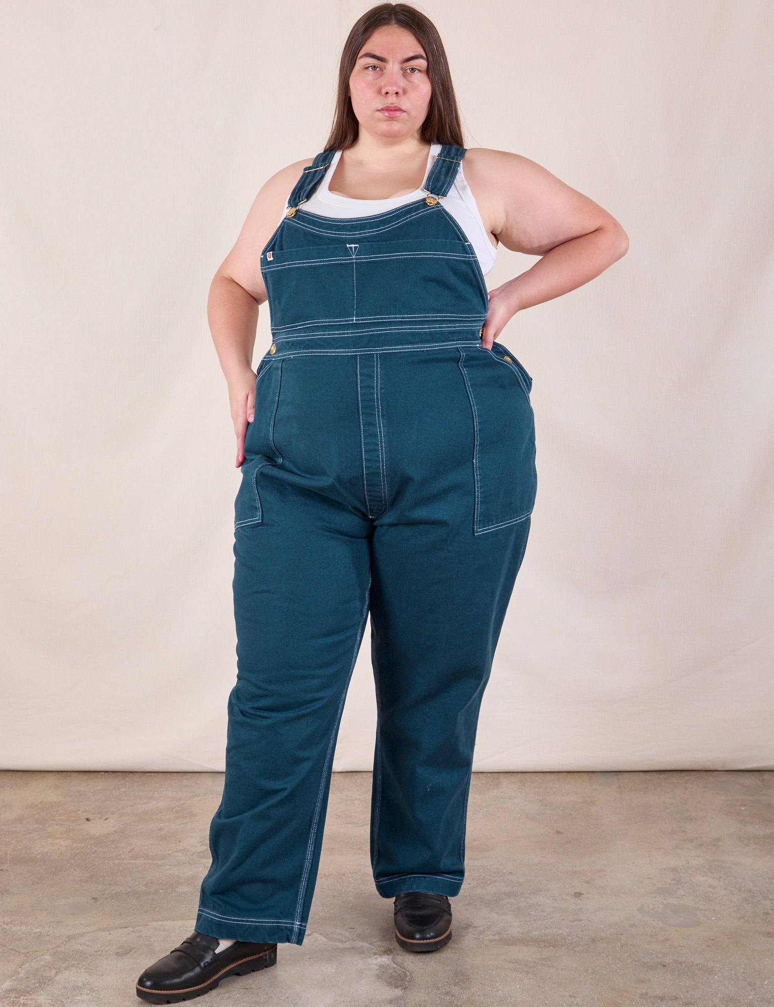 Marielena is 5&#39;8&quot; and wearing 2XL Original Overalls in Lagoon