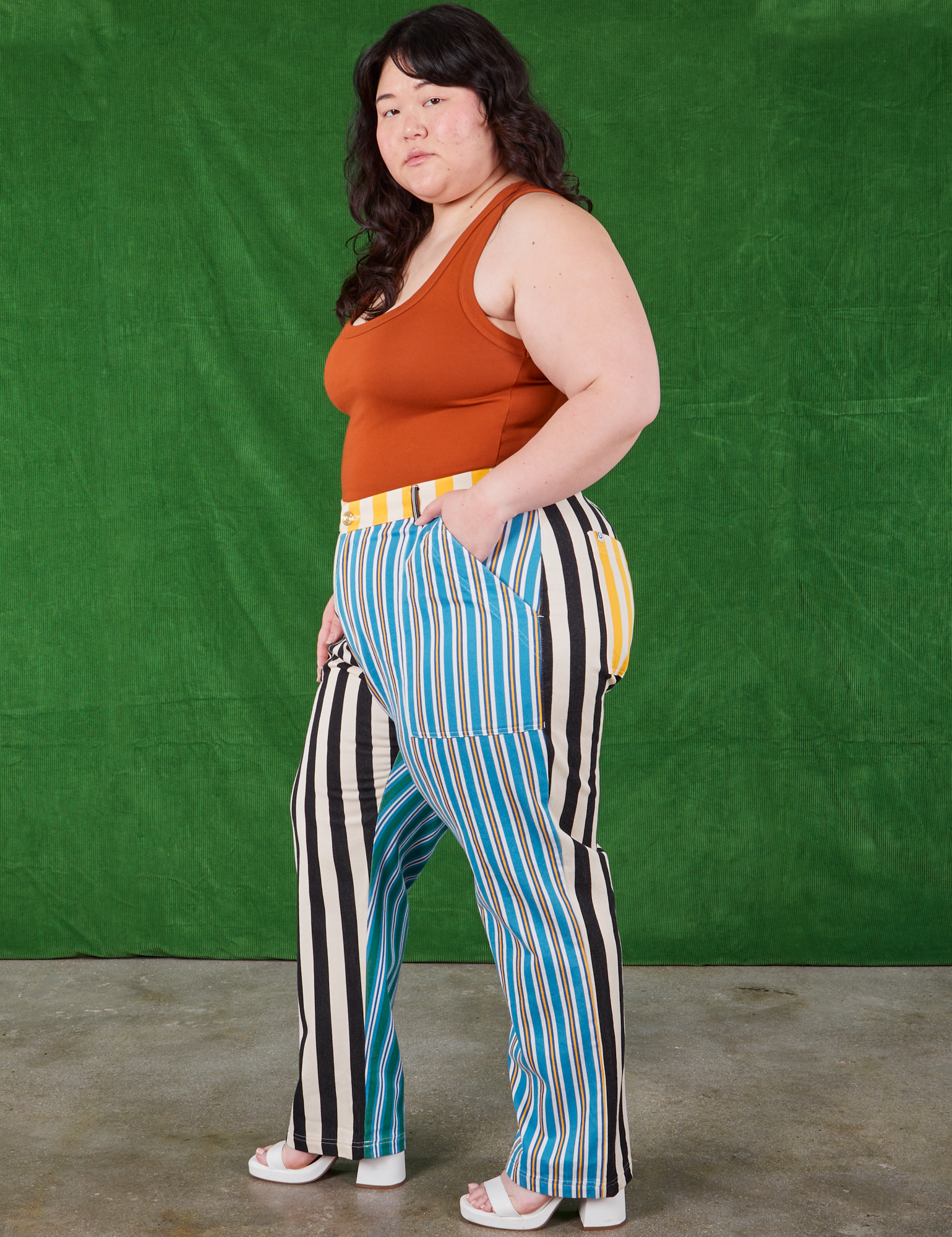 Side view of Mismatched Stripe Work Pants on Ashley
