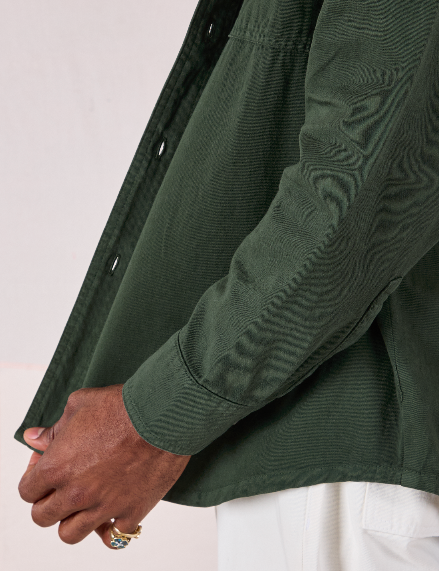 Twill Overshirt in Swamp Green close up on Jerrod