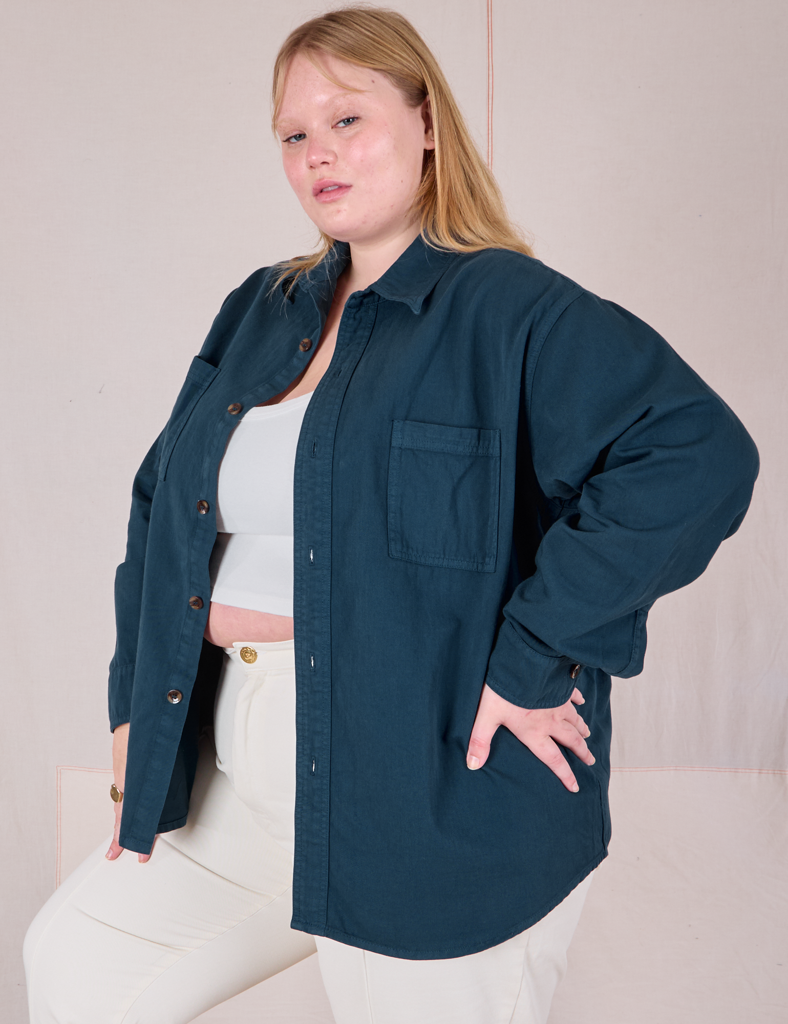 Angled front view of Twill Overshirt in Lagoon on Juliet