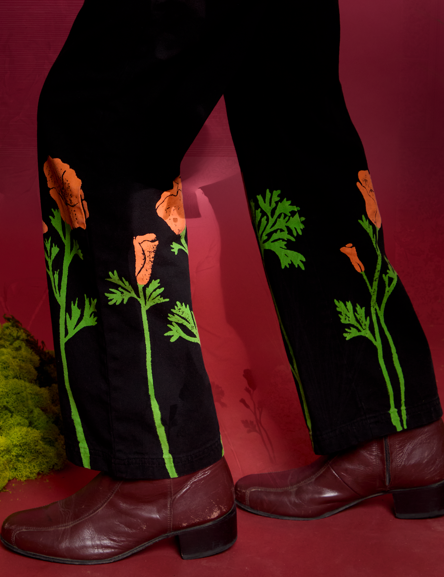 Paintstamped Work Pants in Poppy pant leg bottom close up on Jesse