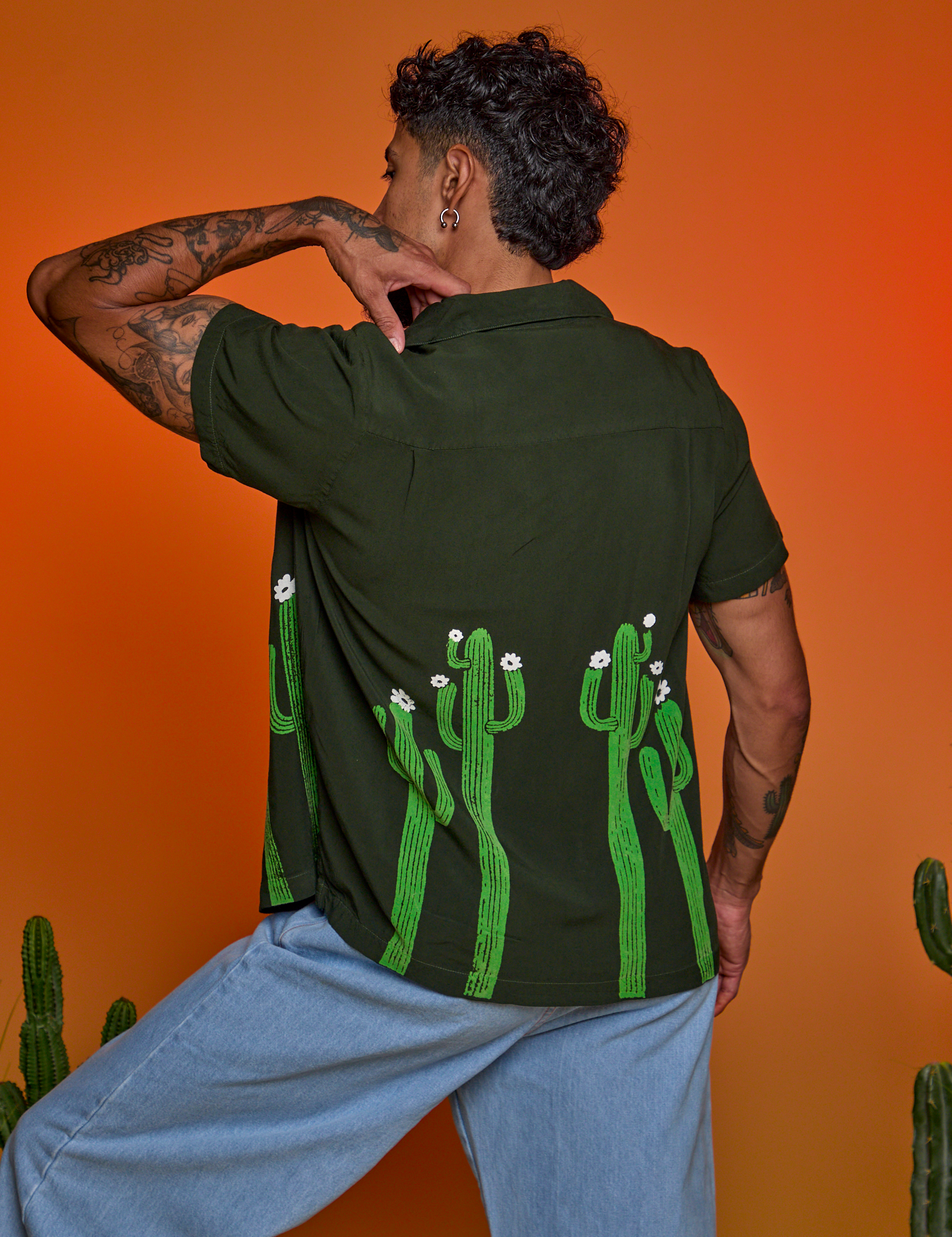 Paintstamped Pantry Button-Up in Cactus back view on Jesse