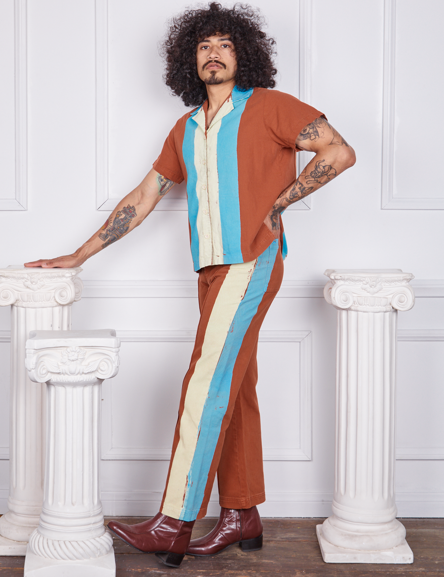 Hand-Painted Stripe Western Pants in Burnt Terracotta and matching Pantry Button-Up worn by Jesse