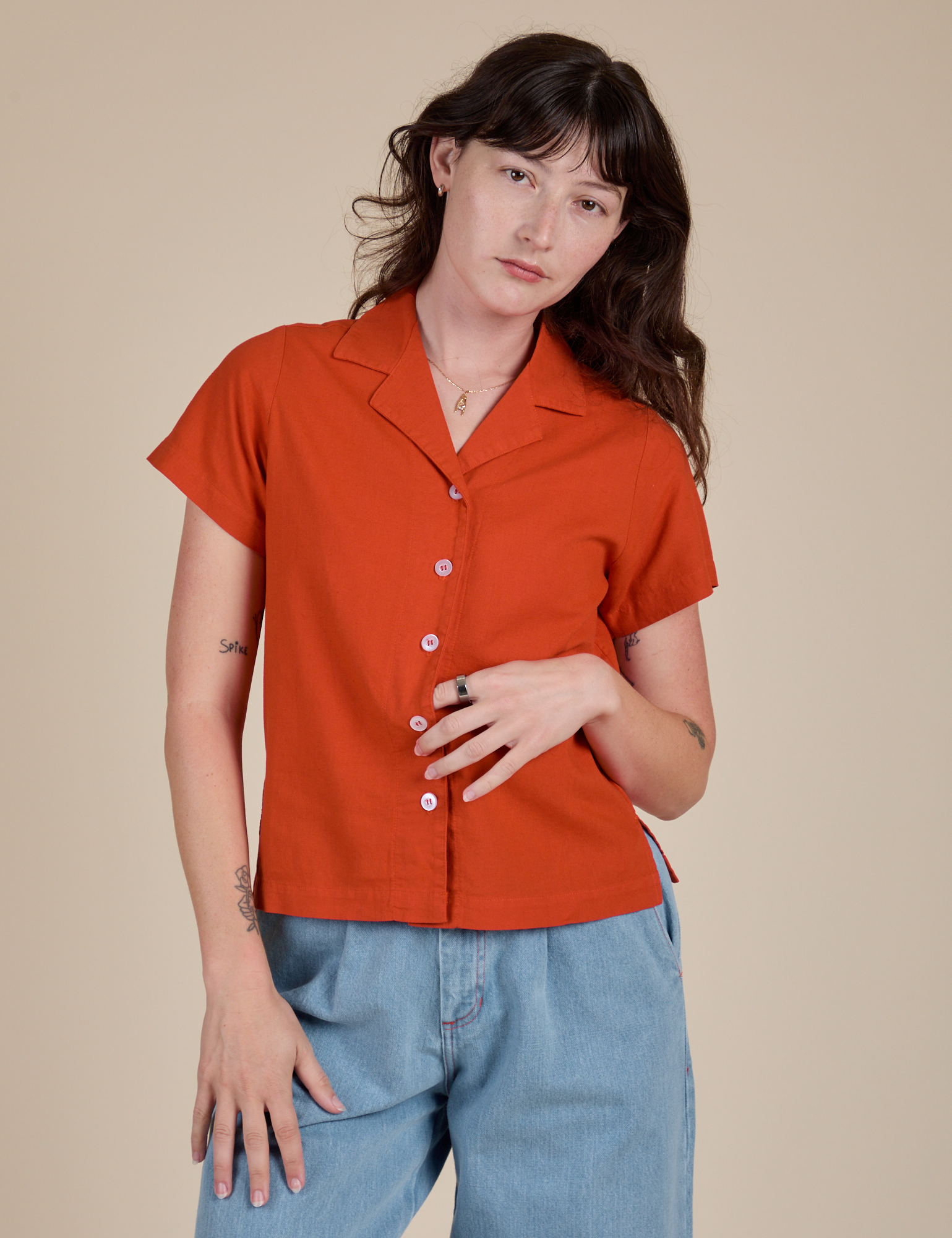 Pantry Button-Up in Chili Red worn by Alex