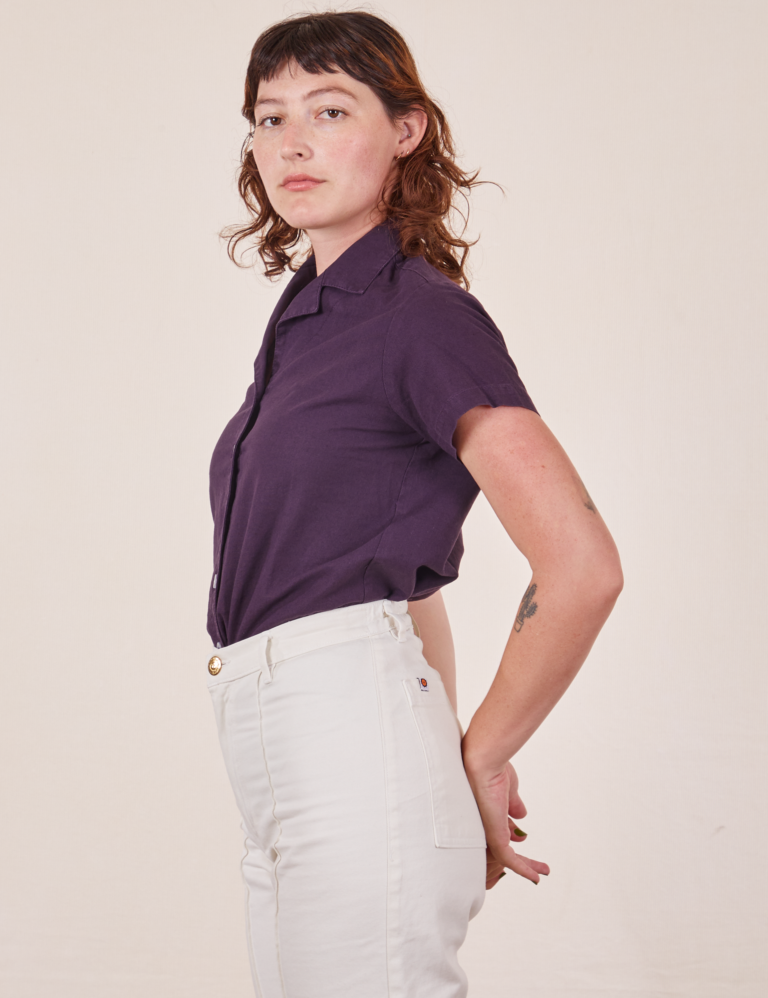 Side view of Pantry Button-Up in Nebula Purple worn by Alex