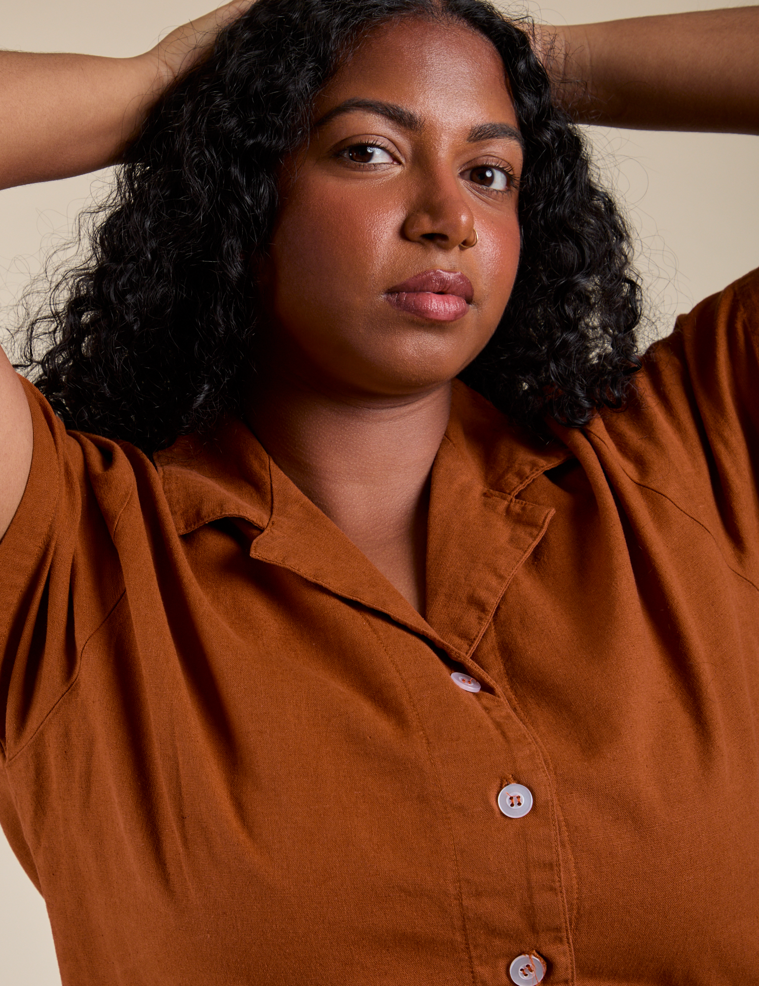 Pantry Button-Up in Burnt Terracotta front close up on Meghna