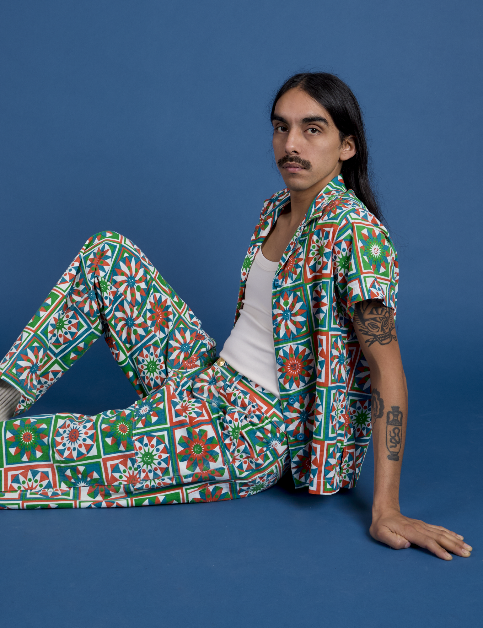 Quilt Print Pantry Button-Up and Work Pants worn by Anthony