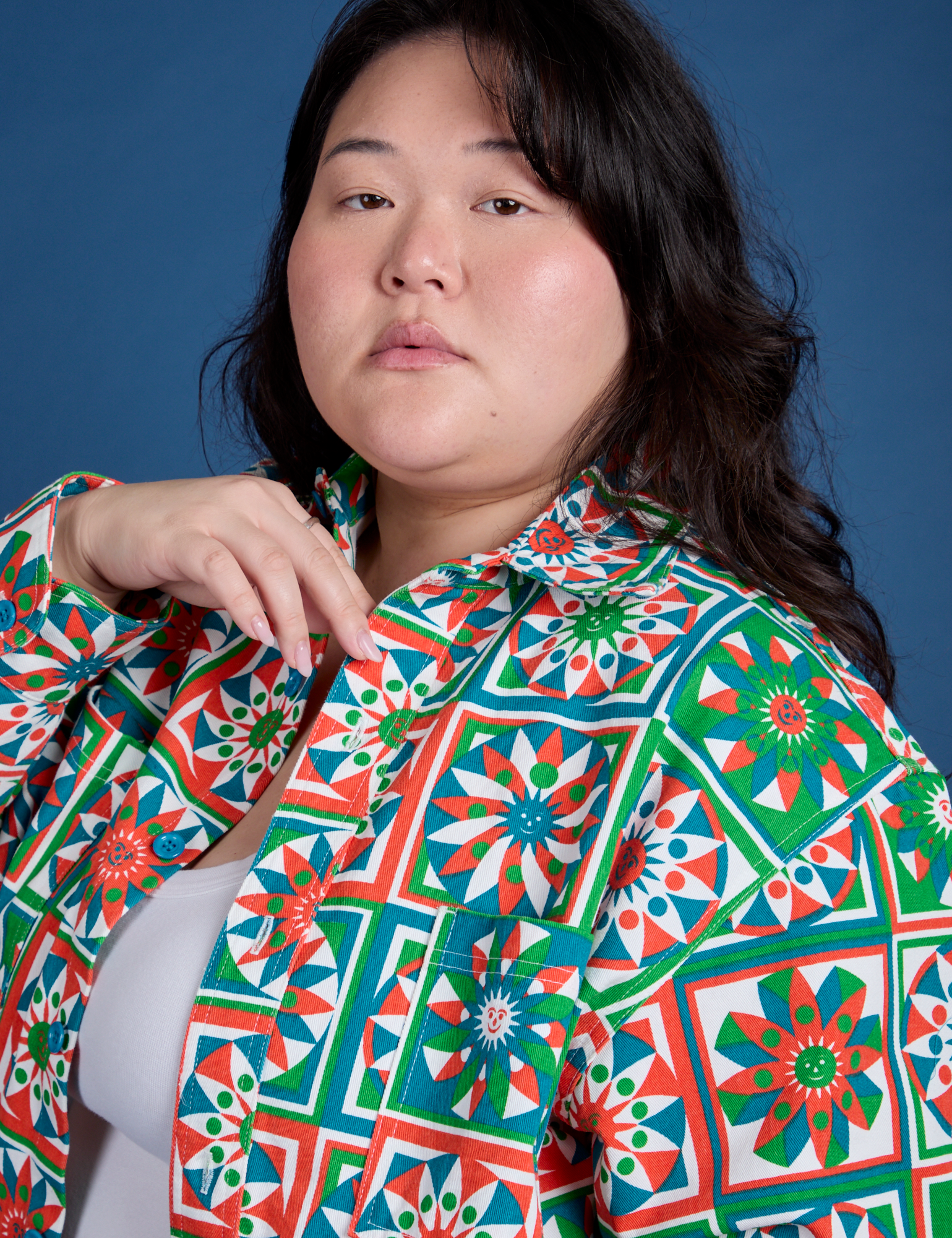 Angled front view close up of Cropped Overshirt in Quilt Print on Ashley