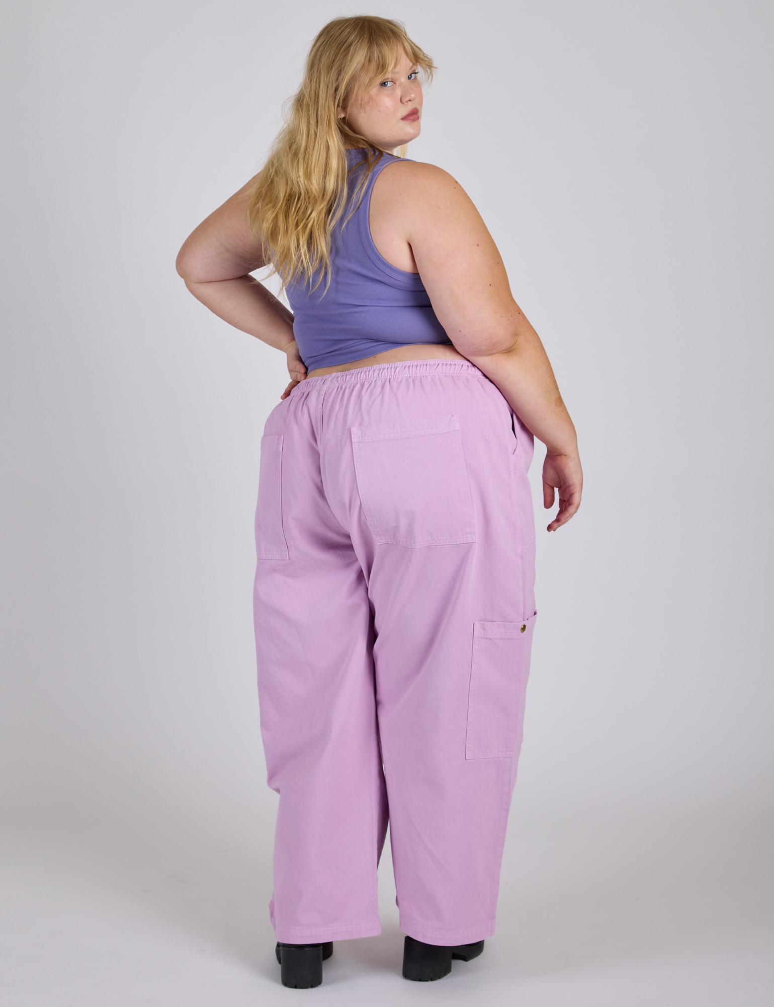 Drop Pocket Cargo Pants in Lilac Purple back view on Juliet