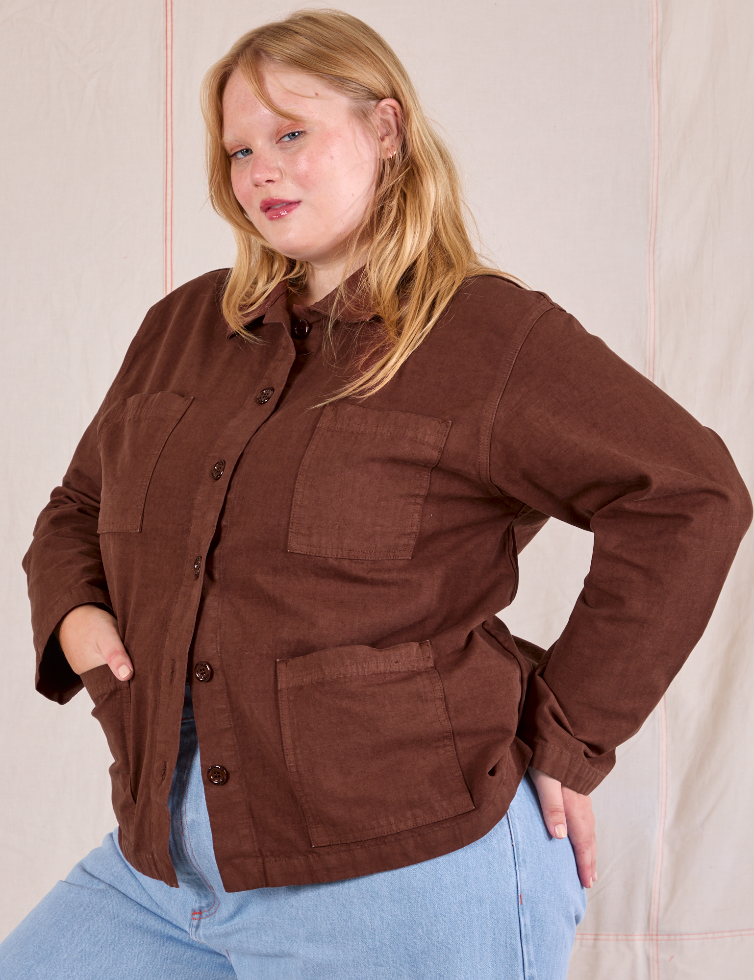 Ripstop Work Jacket in Fudgesicle Brown angled front view on Juliet