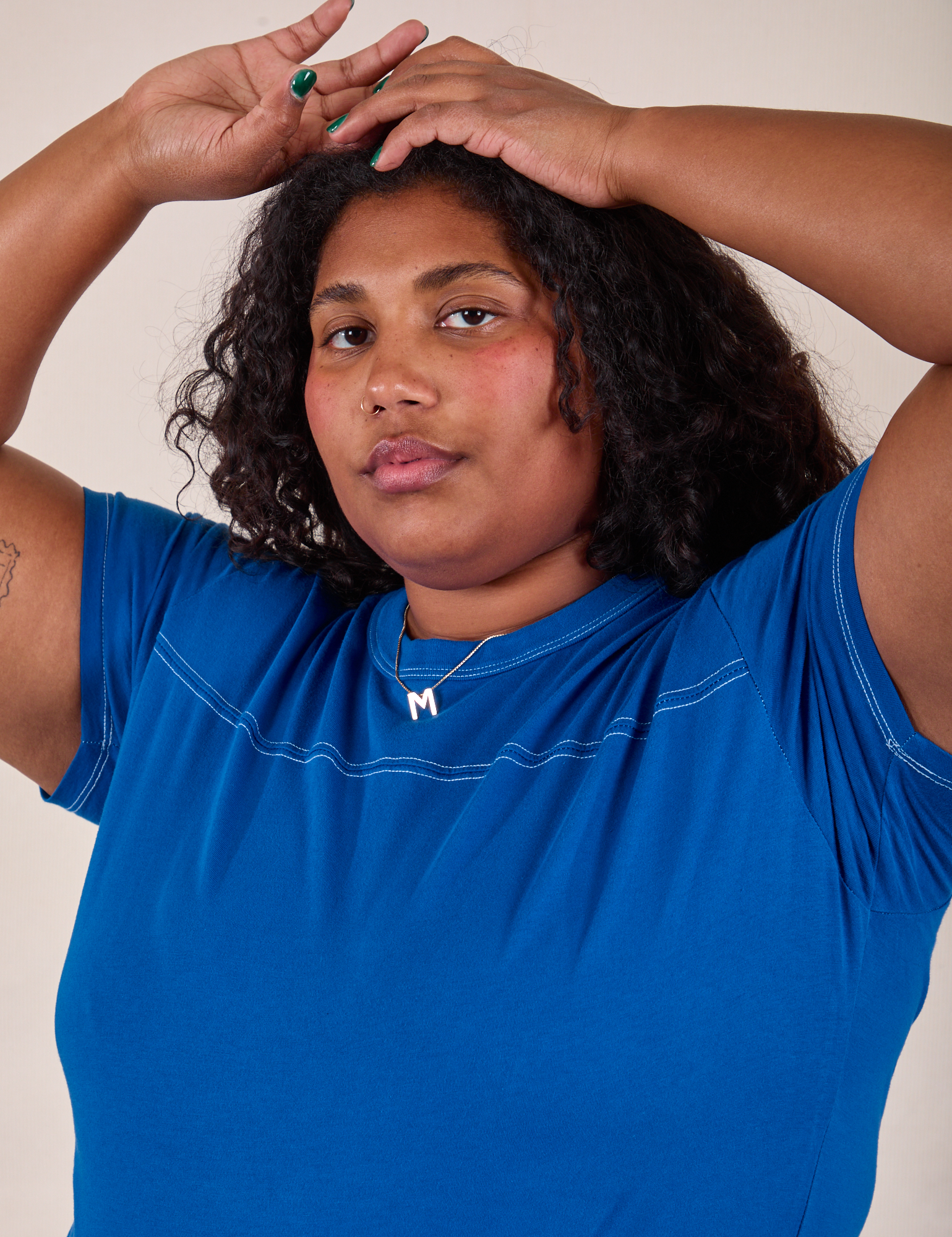 JV Tee in Royal Blue front close up on Morgan