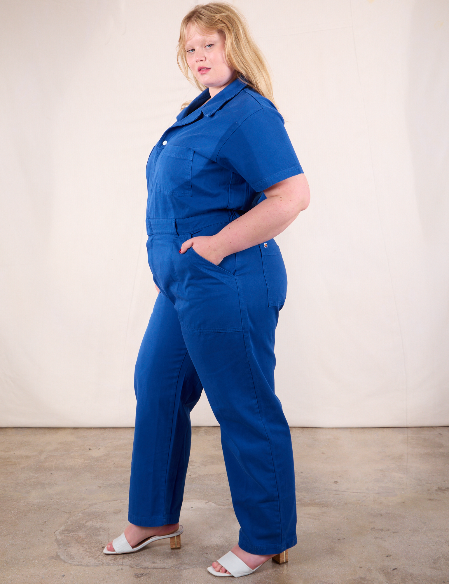 Short Sleeve Jumpsuit in Royal Blue side view on Juliet