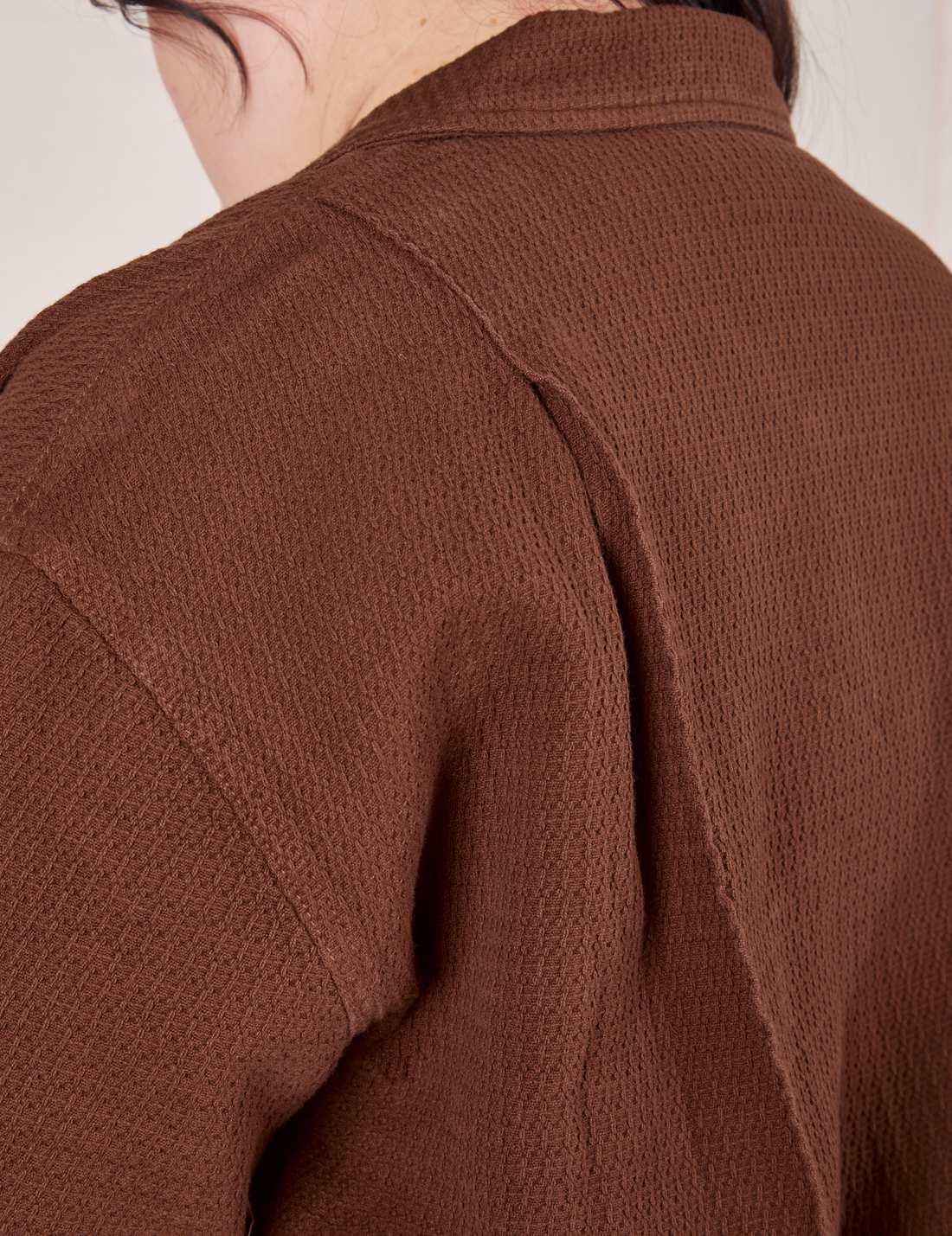 Back shoulder close up of Ricky Jacket in Fudgesicle Brown worn by Ashley