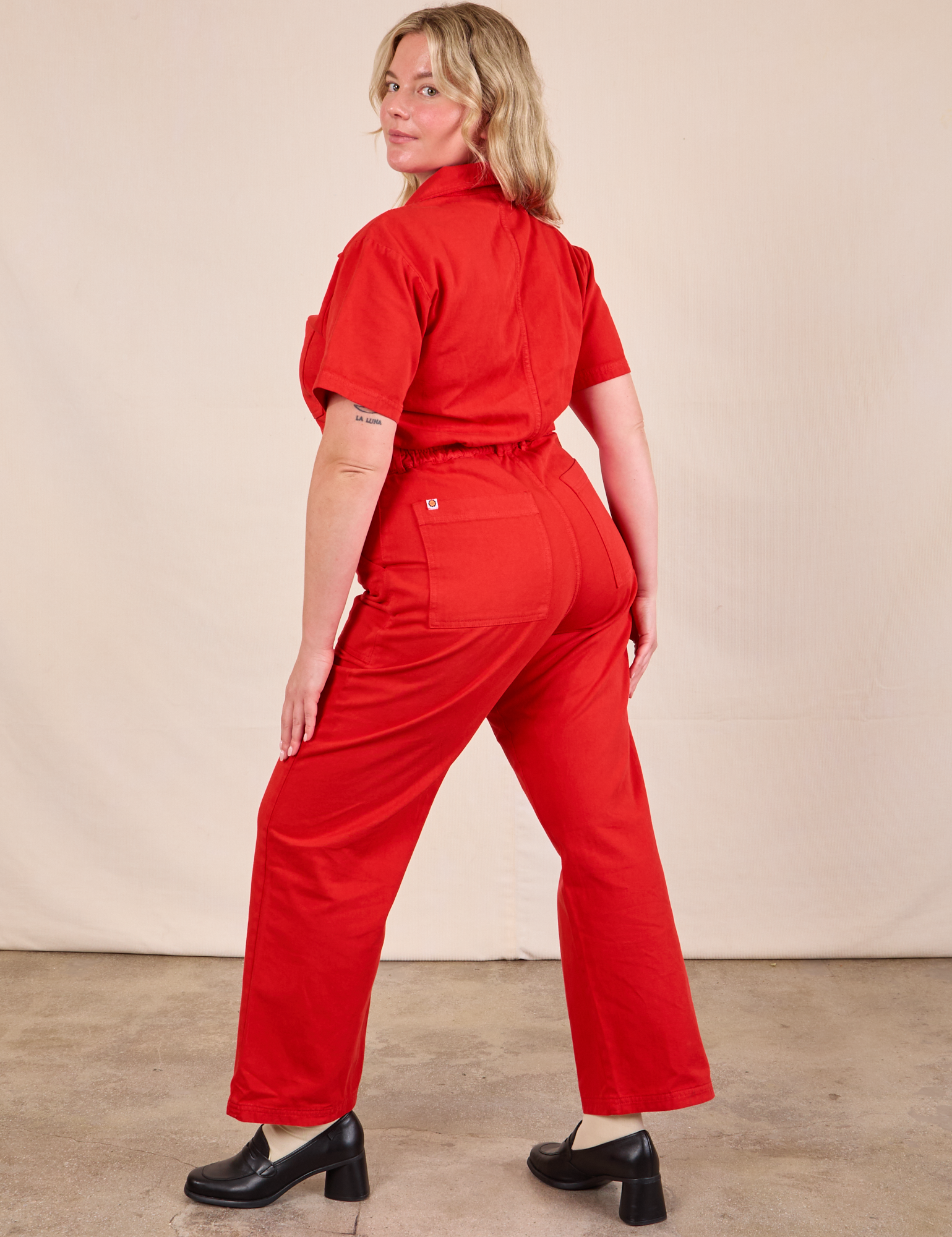 Short Sleeve Jumpsuit in Mustang Red back view on Lish