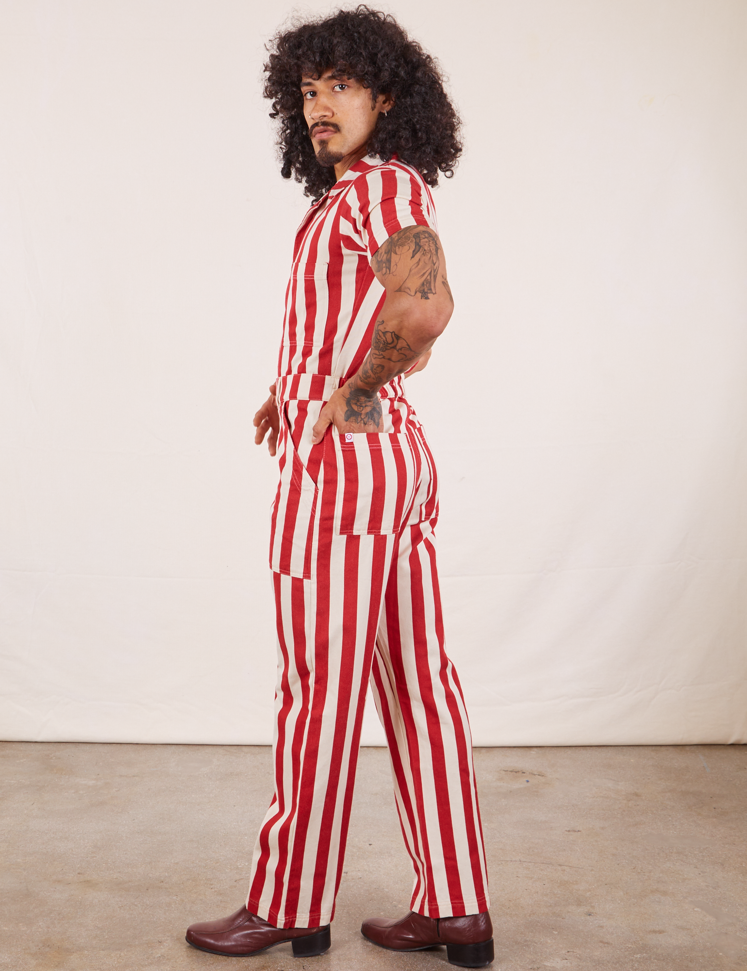 Side view of Cherry Stripe Jumpsuit on Jesse