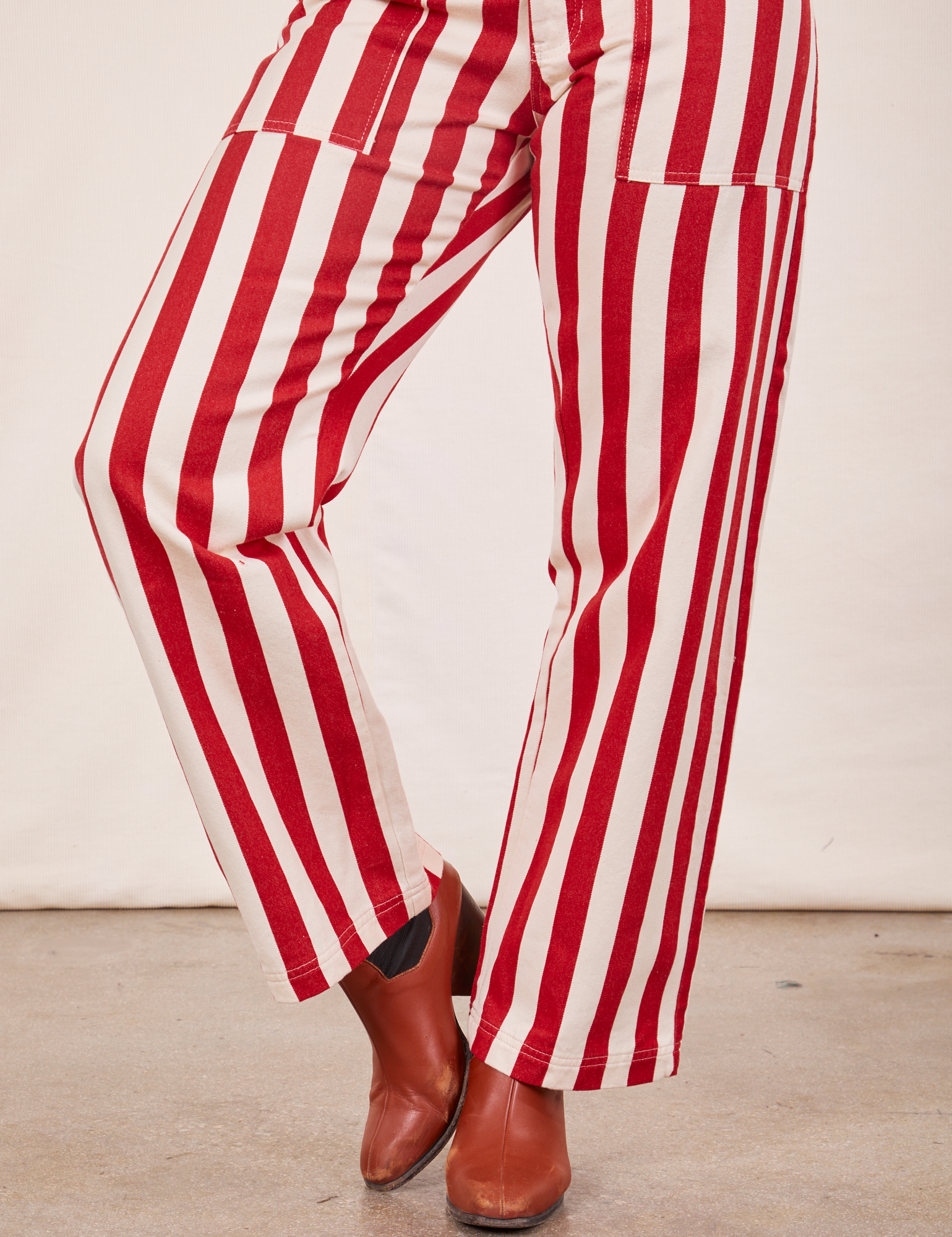 Work Pants in Cherry Stripe pant leg close up on Tiara