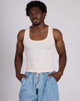 Isaac is 5’10” and wearing M The Tank Top in Vintage Tee Off-White