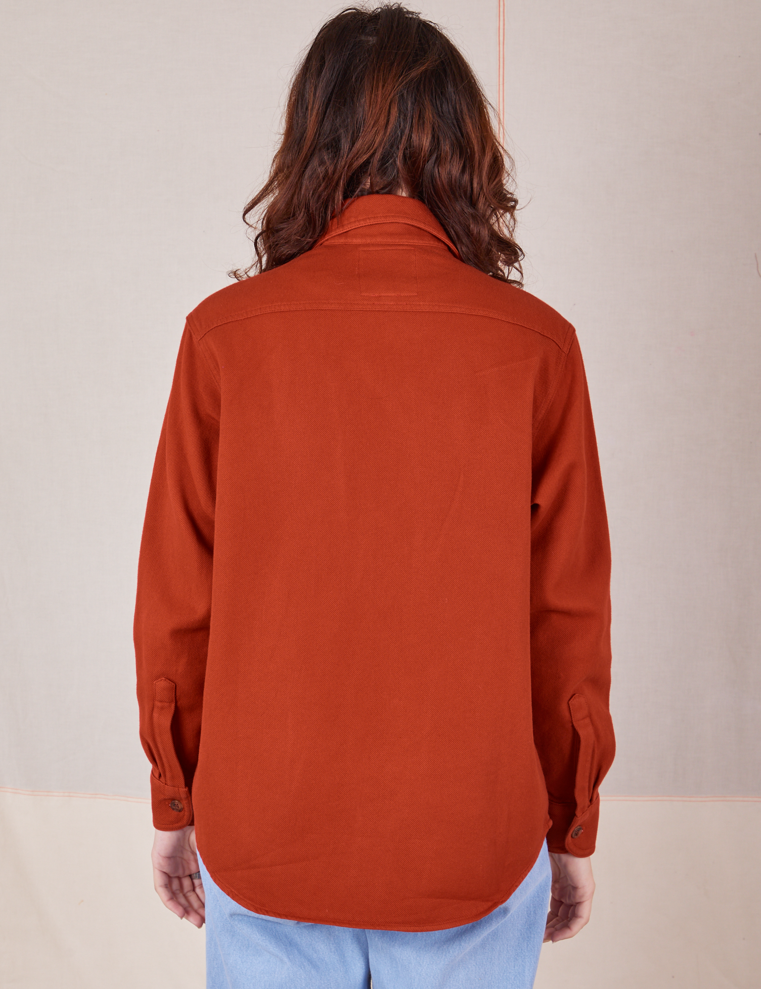 Back view of Flannel Overshirt in Paprika on Alex