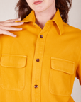 Front close up of Flannel Overshirt in Mustard Yellow on Alex