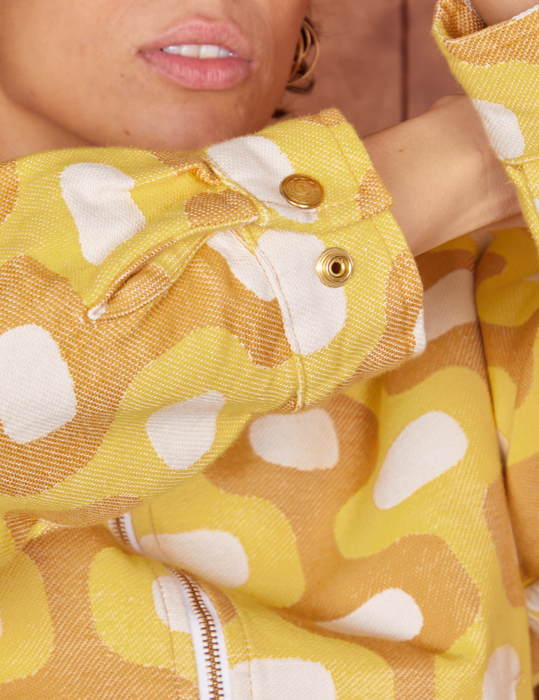 Sleeve close up of Jacquard Ricky Jacket in Yellow worn by Tiara.