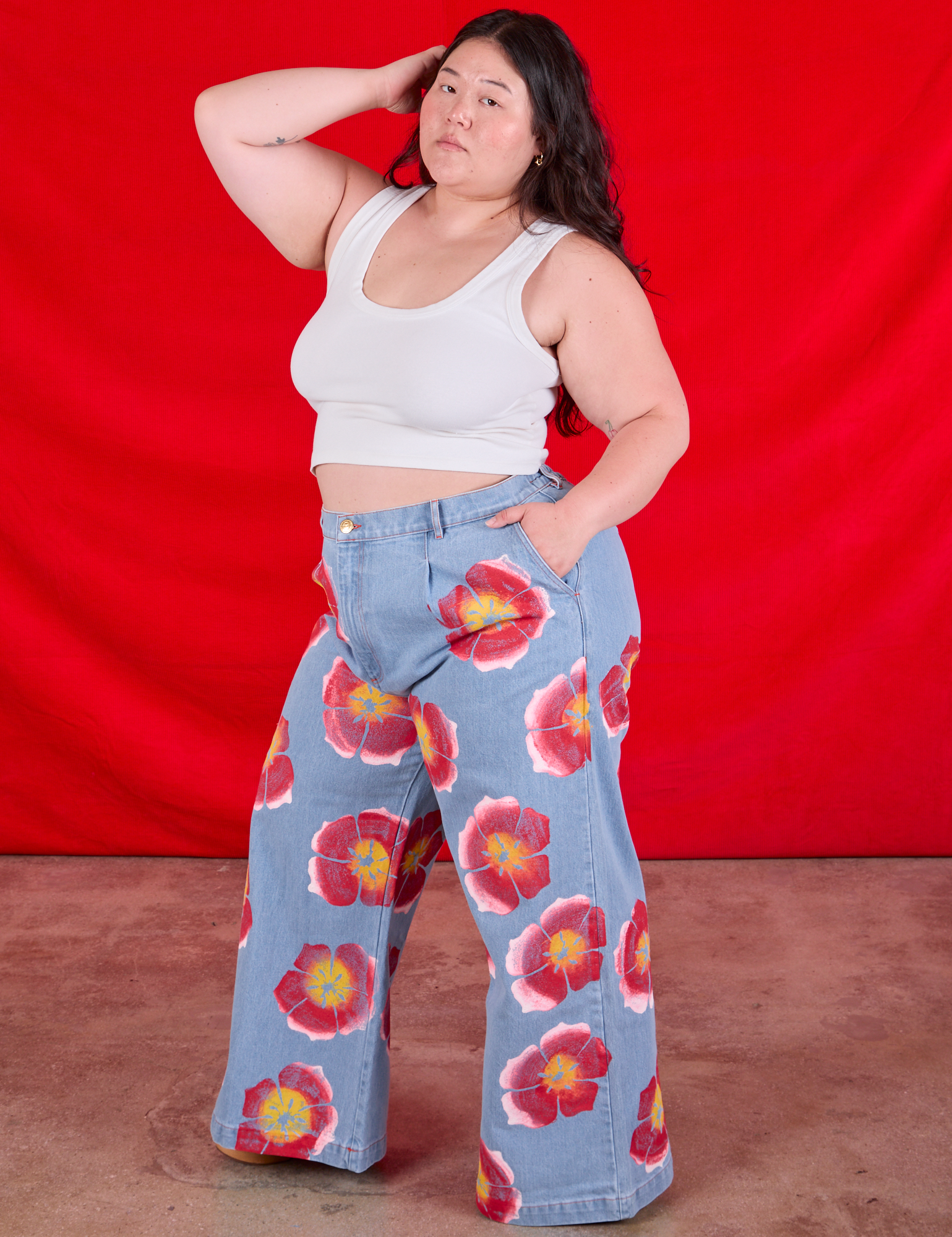 Side view of Wide Leg Denim Trousers in Painted Flowers on Ashley