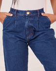 Front close up of Denim Trouser Jeans in Dark Wash. Gabi has both hands in the pocket.