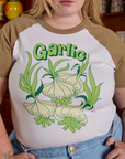 Short Sleeve Raglan Tee in Garlic front close up on Juliet