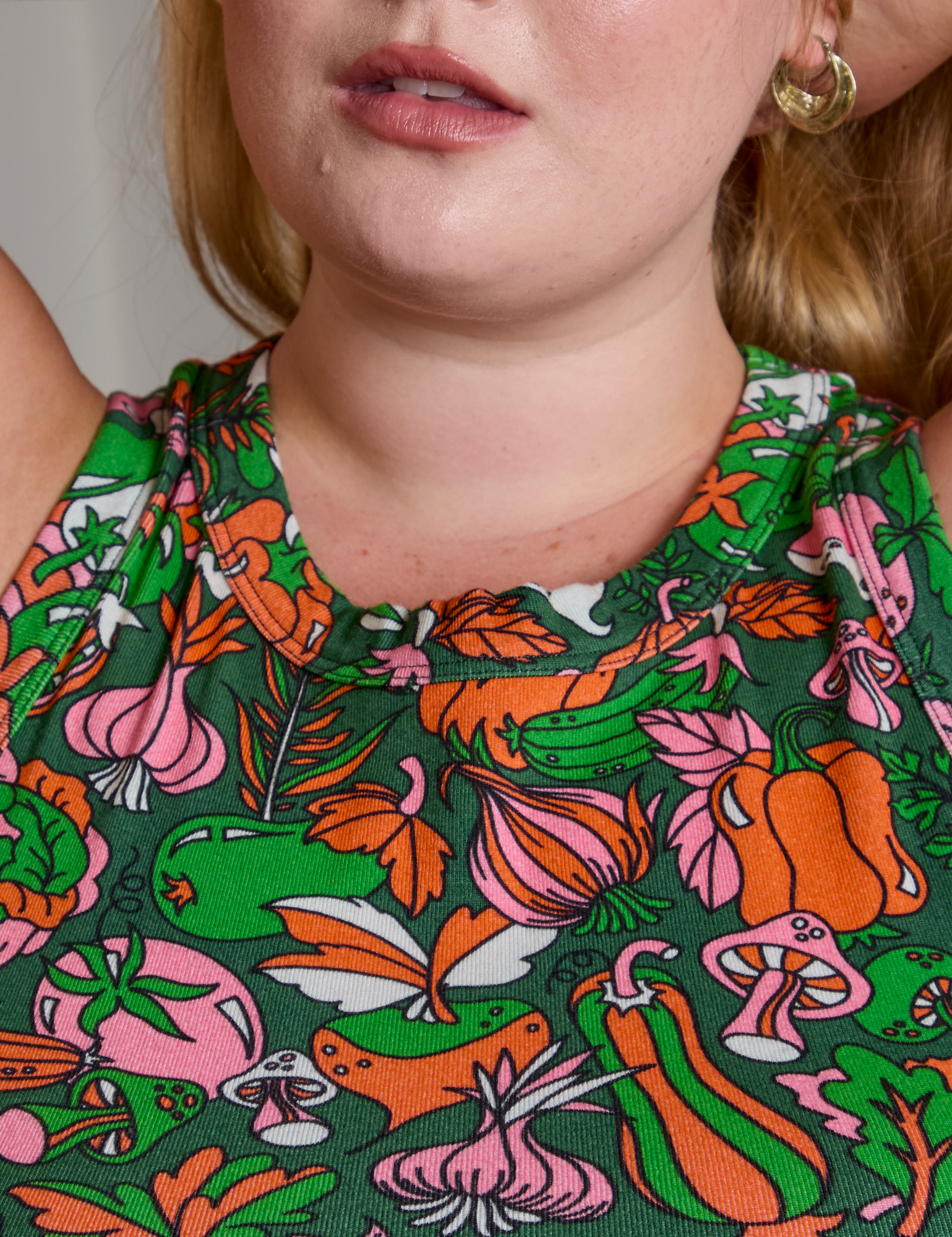 Kitchen Collection Racerback Tank neckline close up on Juliet