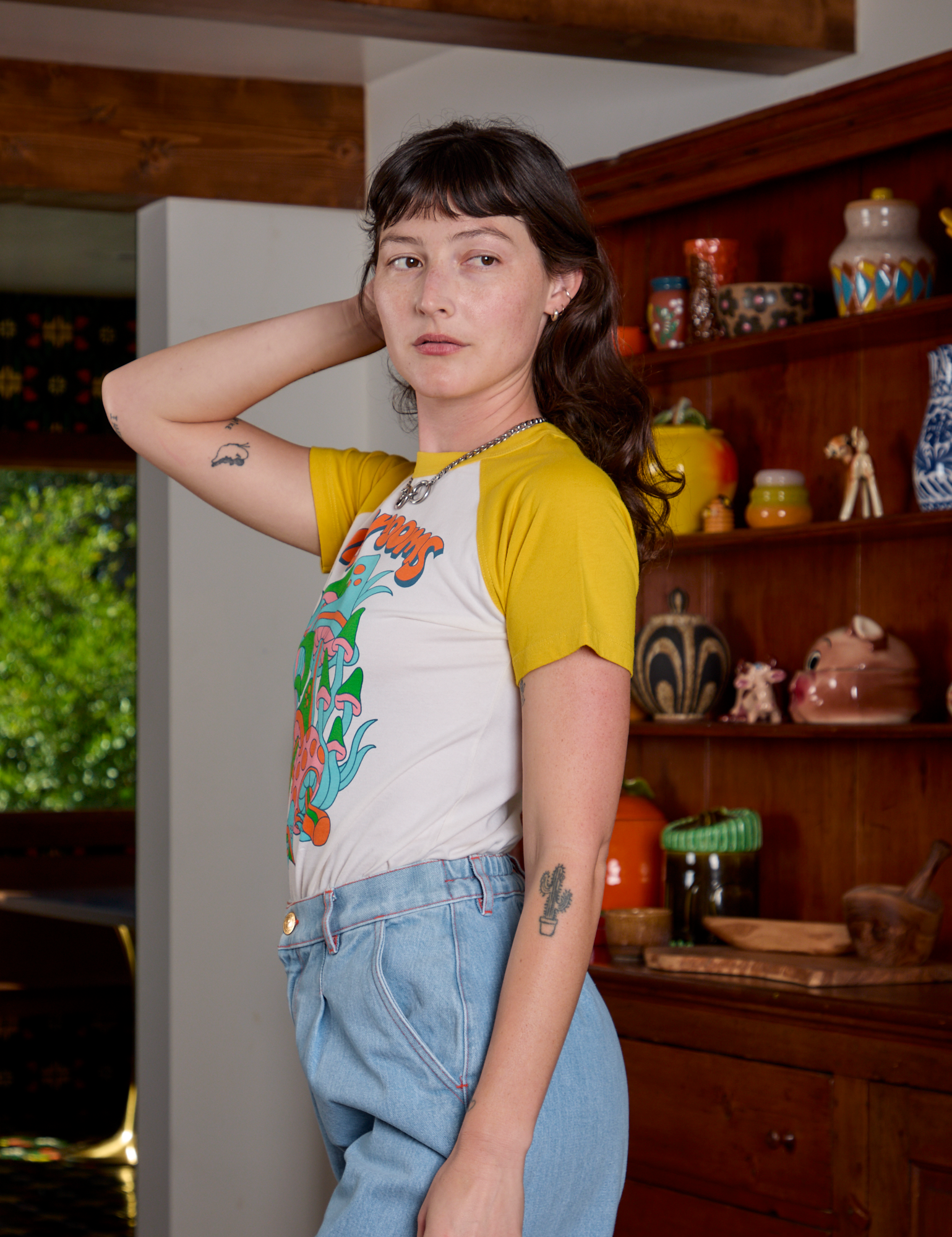 Short Sleeve Raglan Tee in Mushrooms side view on Alex