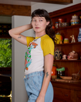 Short Sleeve Raglan Tee in Mushrooms side view on Alex