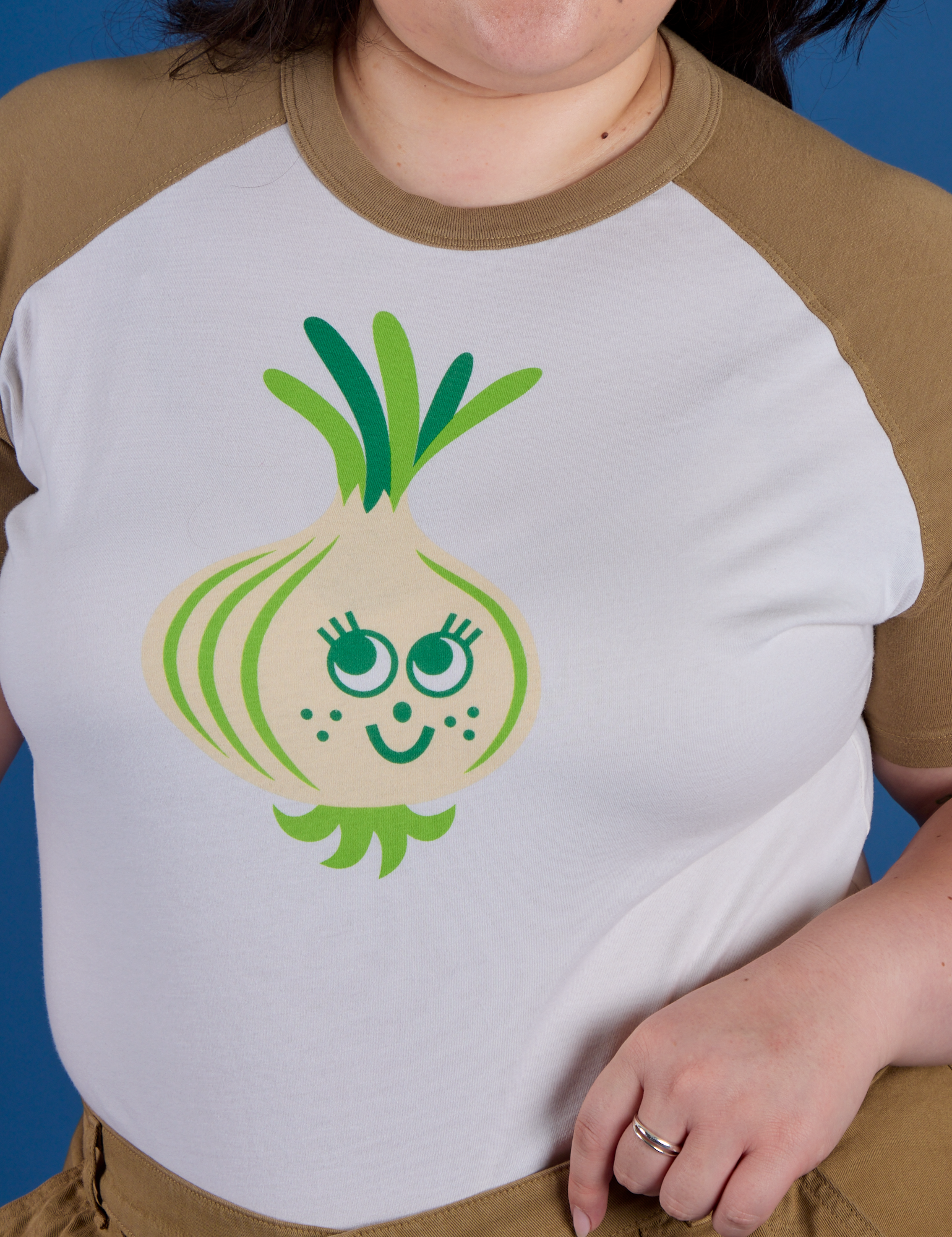 Close up of Produce Raglan Tee in Onion on Ashley