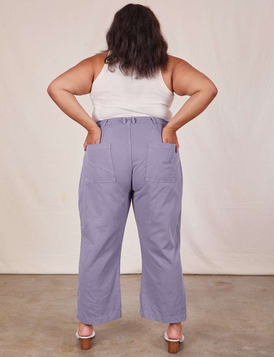 Back view of Western Pants in Faded Grape and vintage off-white Tank Top worn by Alicia