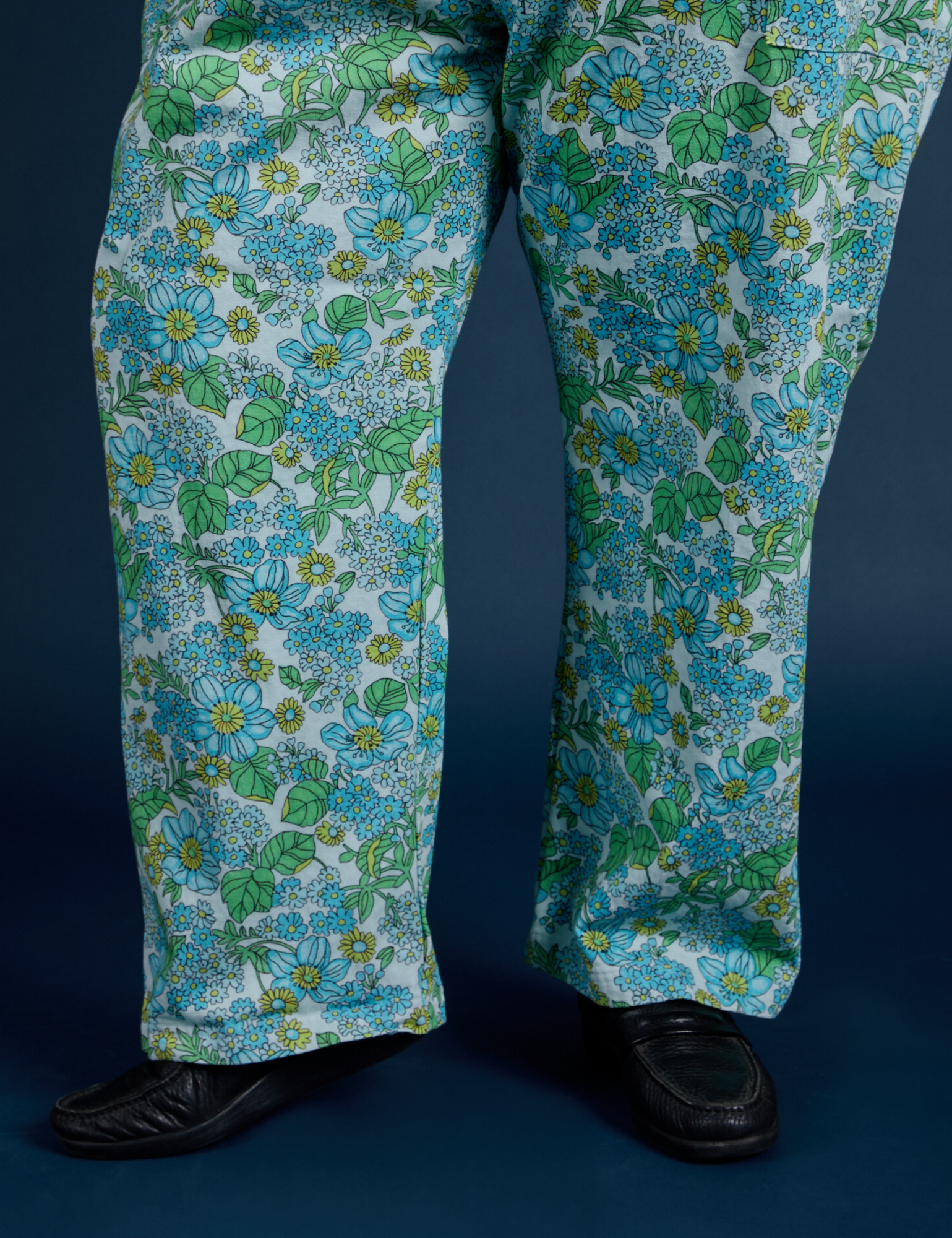 Winter Floral Print Work Pants pant leg close up on Sam