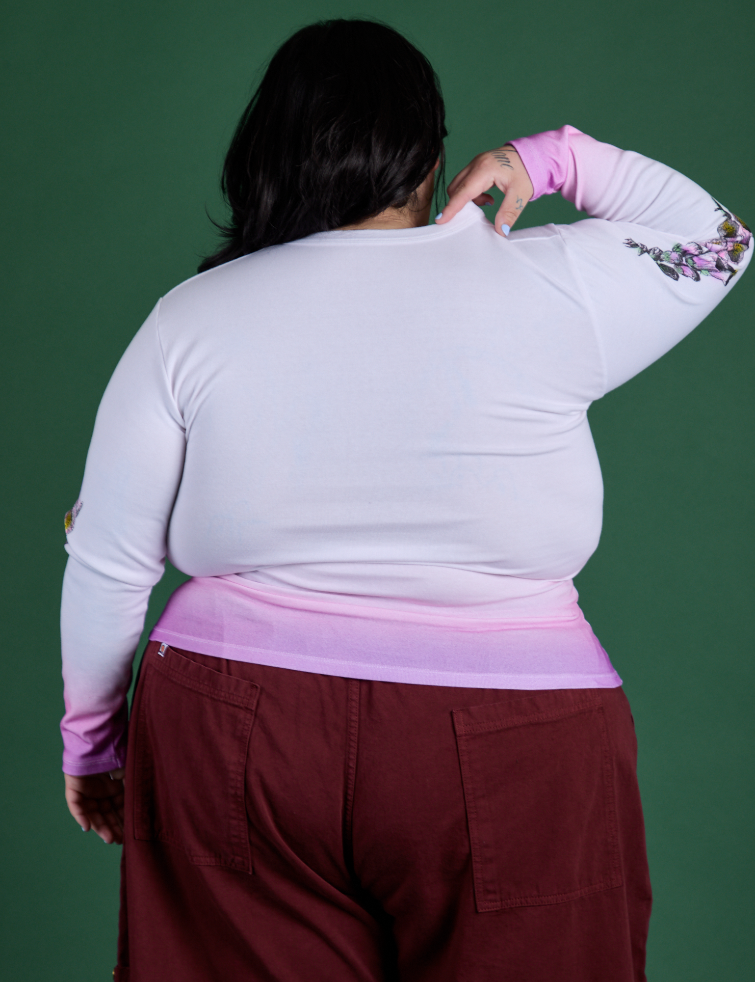 Floral Long Sleeve Baby Tee in Pink back view on Sam