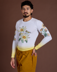 Floral Long Sleeve Baby Tee in Yellow angled front view on Jesse