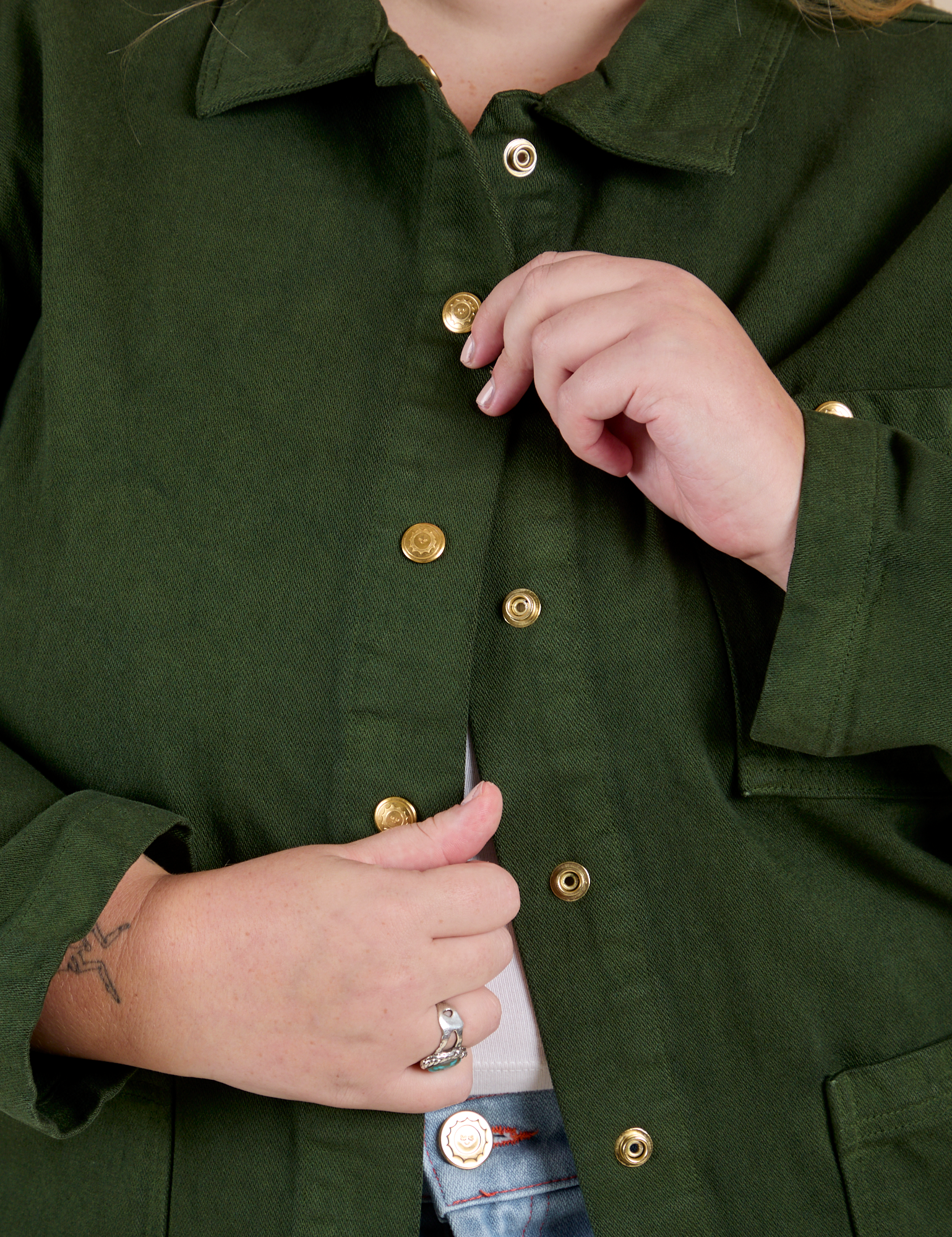 Front close up of Denim Work Jacket in Evergreen on Juliet