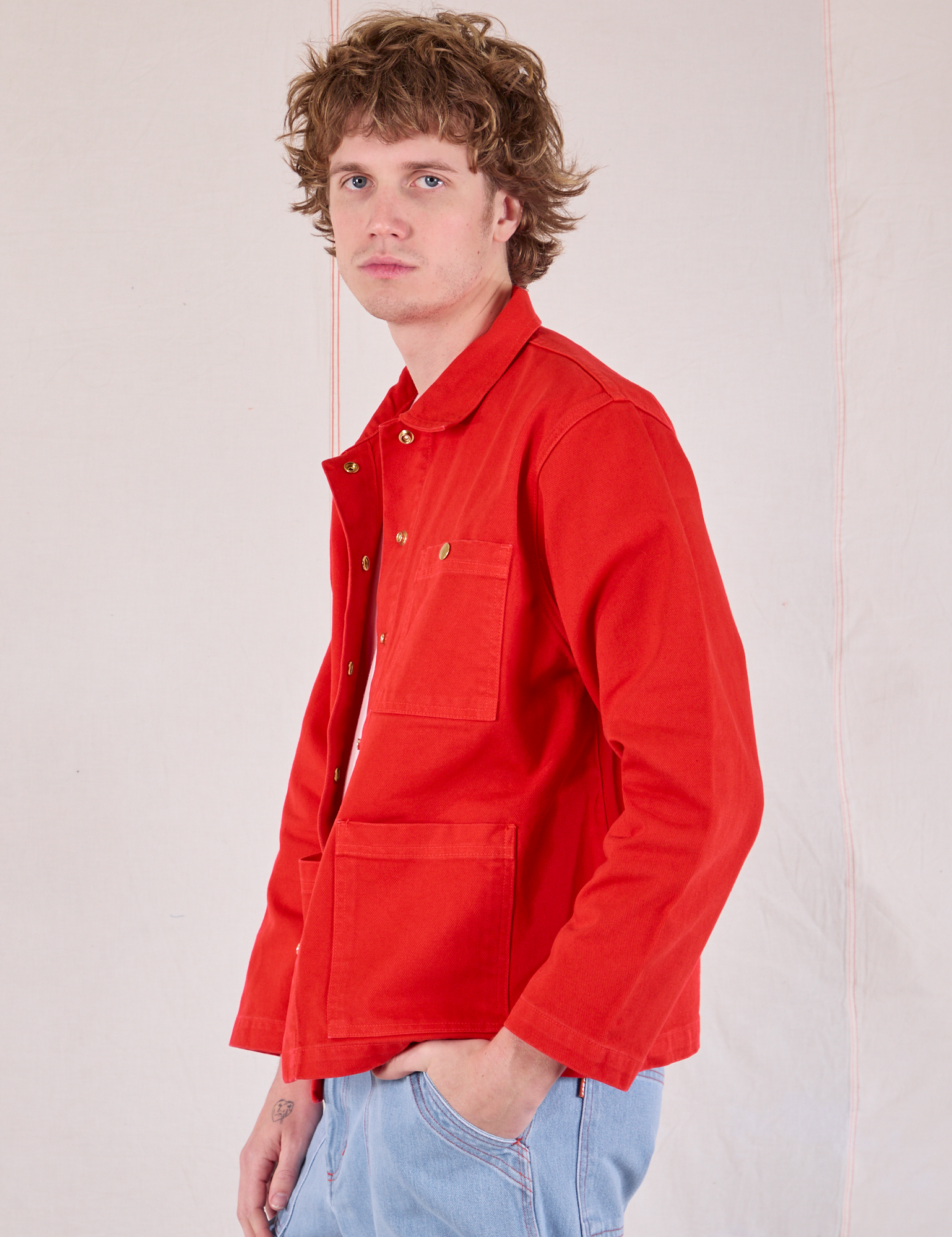 Denim Work Jacket in Mustang Red side view on Quinn