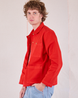 Denim Work Jacket in Mustang Red side view on Quinn