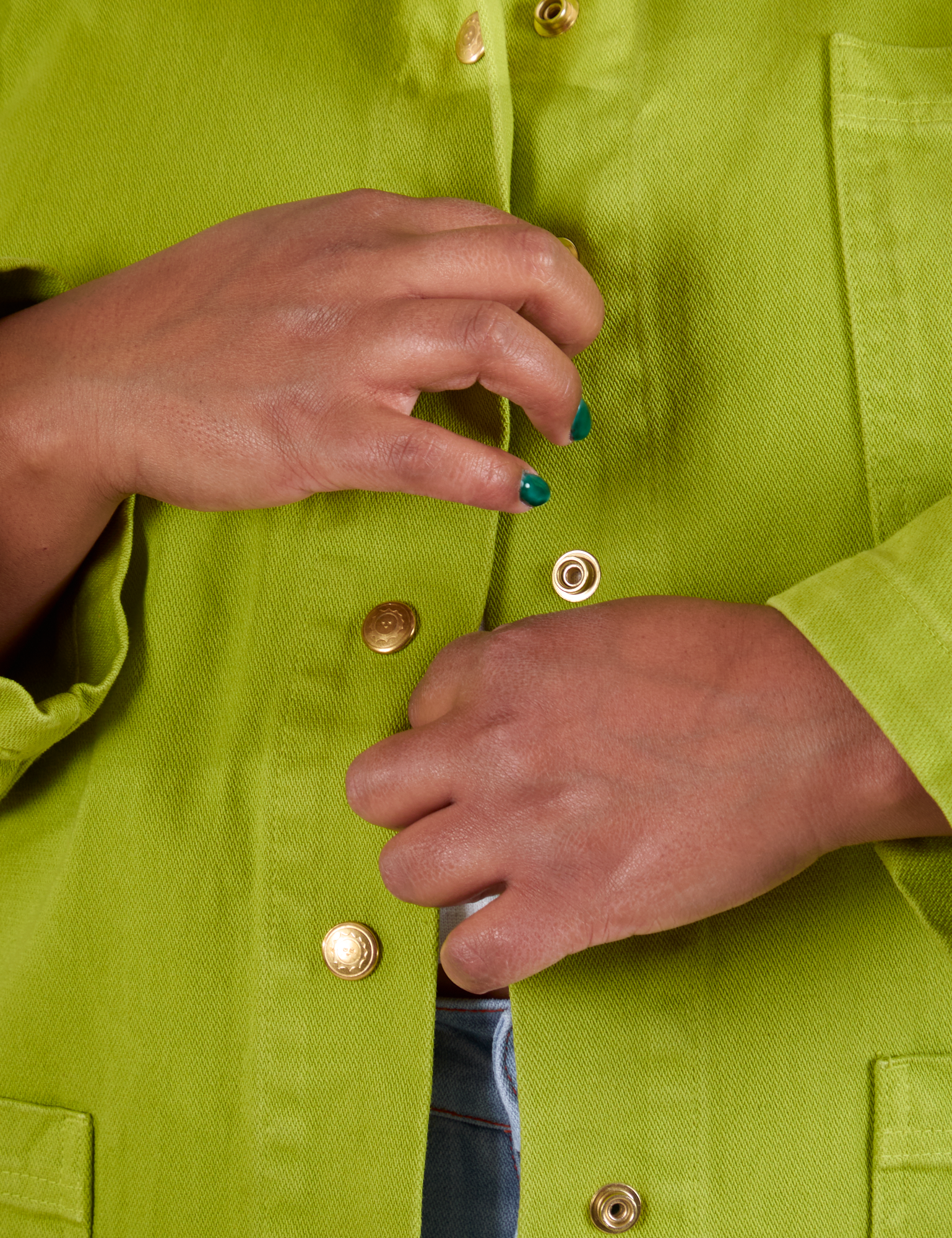 Denim Work Jacket in Gross Green front close up on Morgan