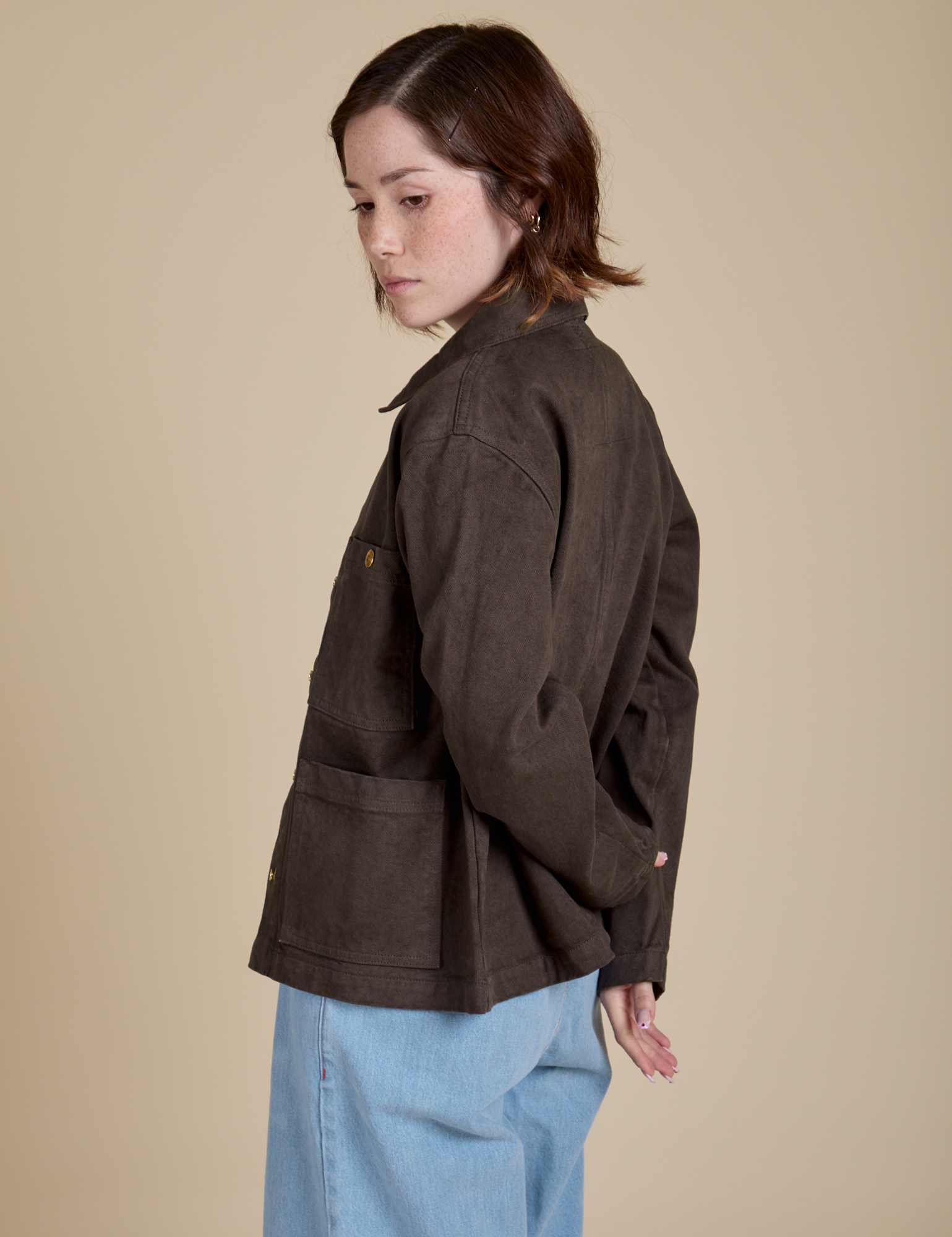 Denim Work Jacket in Espresso Brown side view on Hana