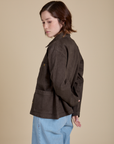 Denim Work Jacket in Espresso Brown side view on Hana
