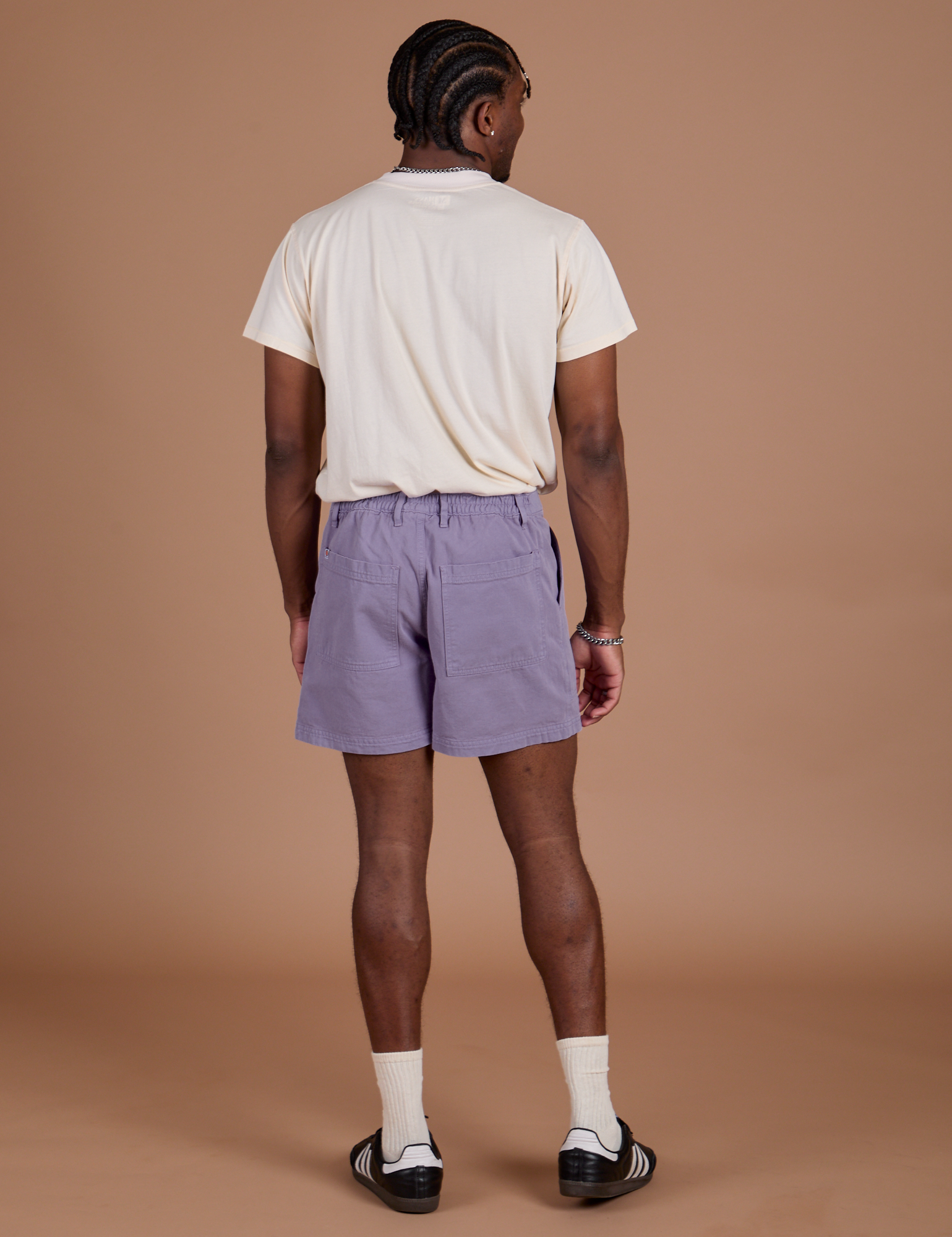 Back view of Classic Work Shorts in Faded Grape and Organic Vintage Tee in Vintage Tee Off-White