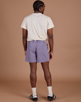 Back view of Classic Work Shorts in Faded Grape and Organic Vintage Tee in Vintage Tee Off-White