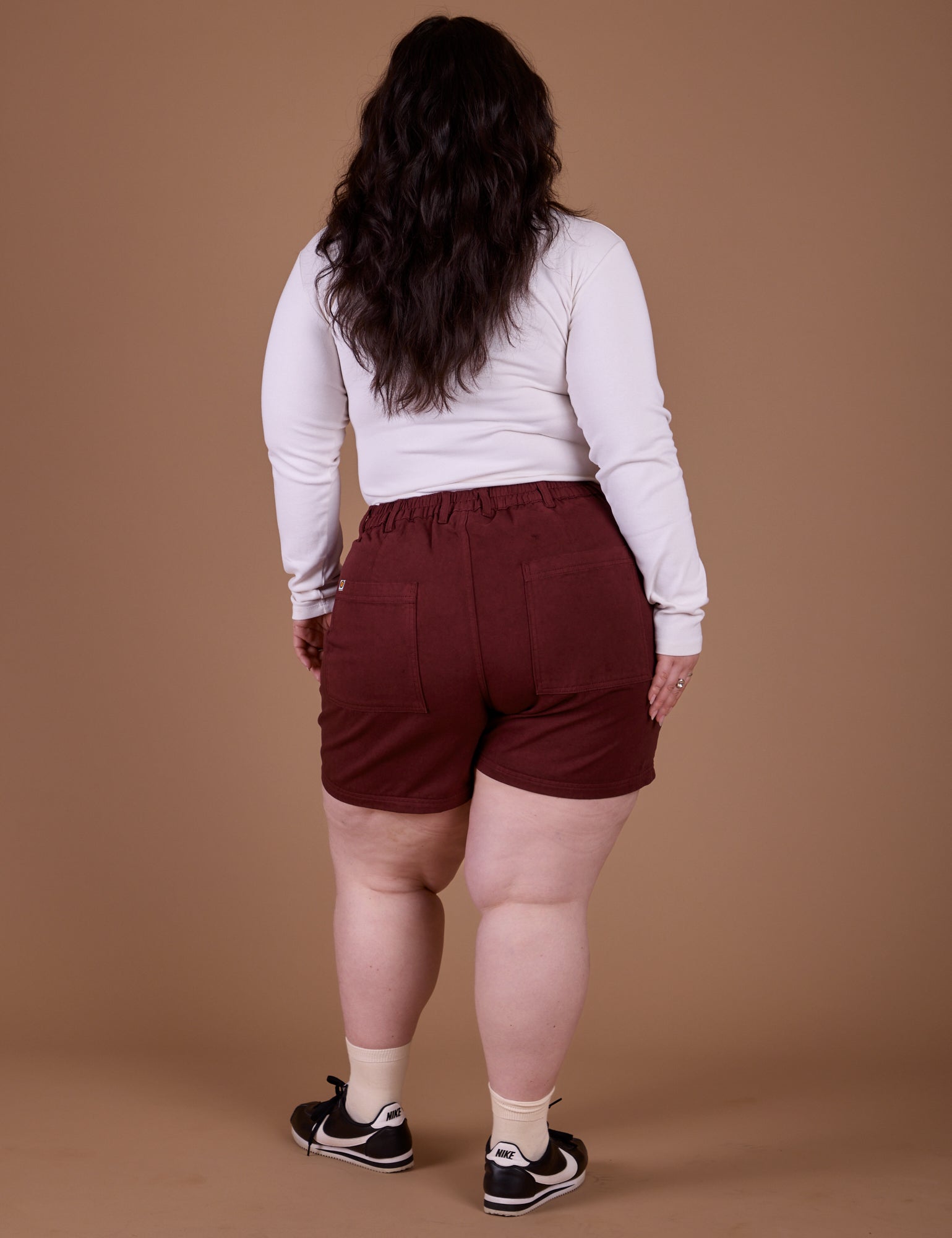 Classic Work Shorts in Red Wine back view on Ashley