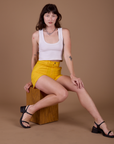 Classic Work Shorts in Sunshine Yellow and vintage tee white Cropped Tank on Alex