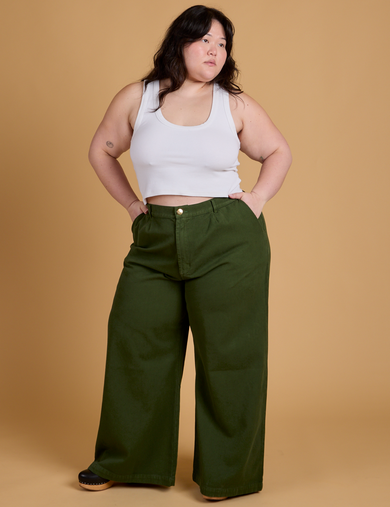 Heritage Wide Leg Trousers in Evergreen and Cropped Tank in Vintage Tee White on Ashley