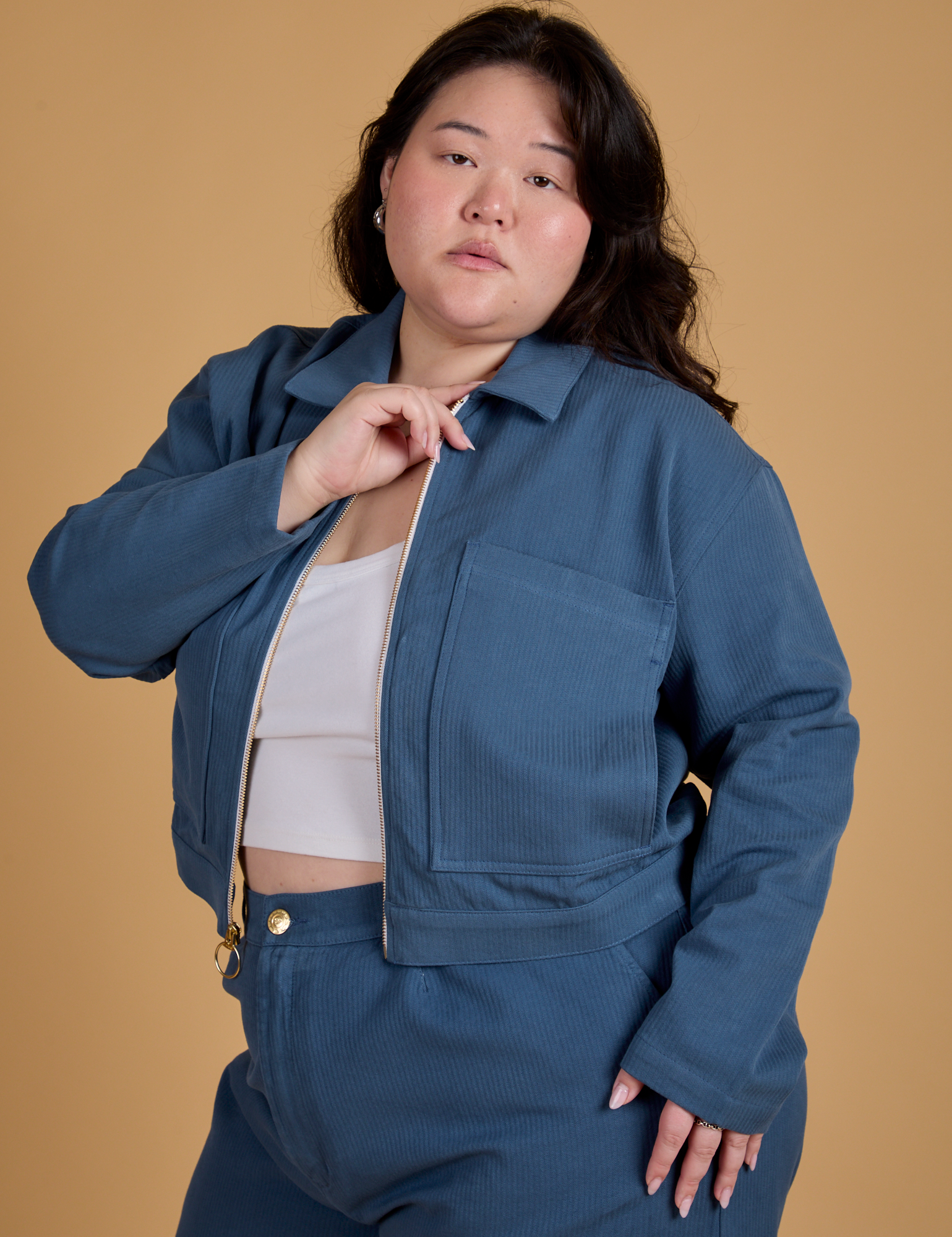 Angled front view of Heritage Mechanic Jacket in French Blue on Ashley