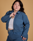 Angled front view of Heritage Mechanic Jacket in French Blue on Ashley
